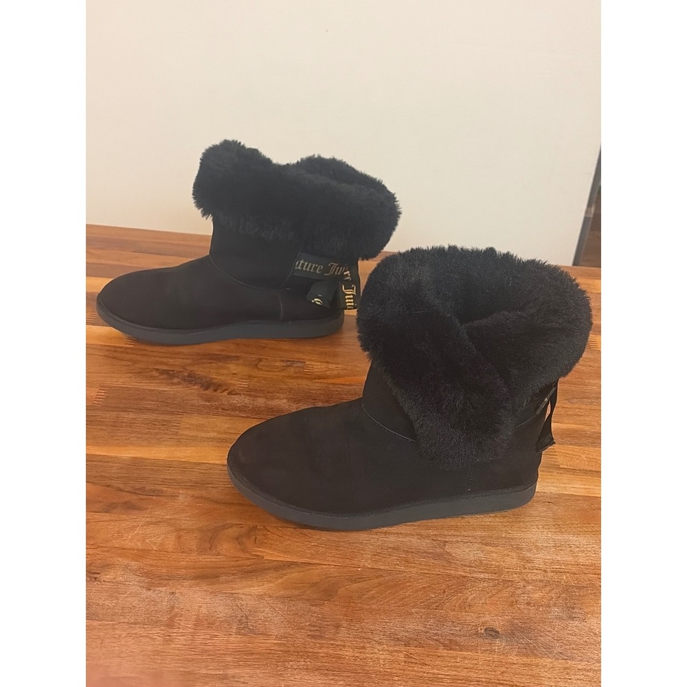 Juicy Couture Womens Black Faux Suede Fur Trim Bow Winter Boots Size 7-8